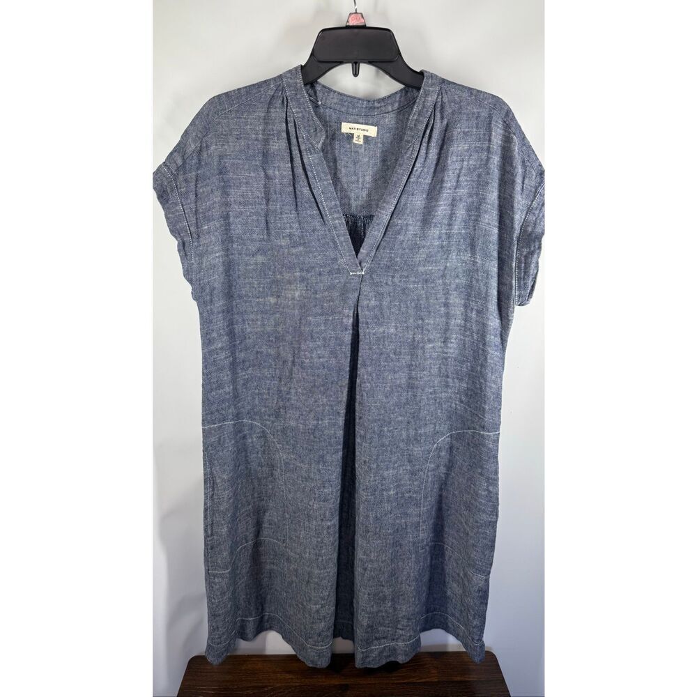 Max studio linen rayon blend blue white dress size medium